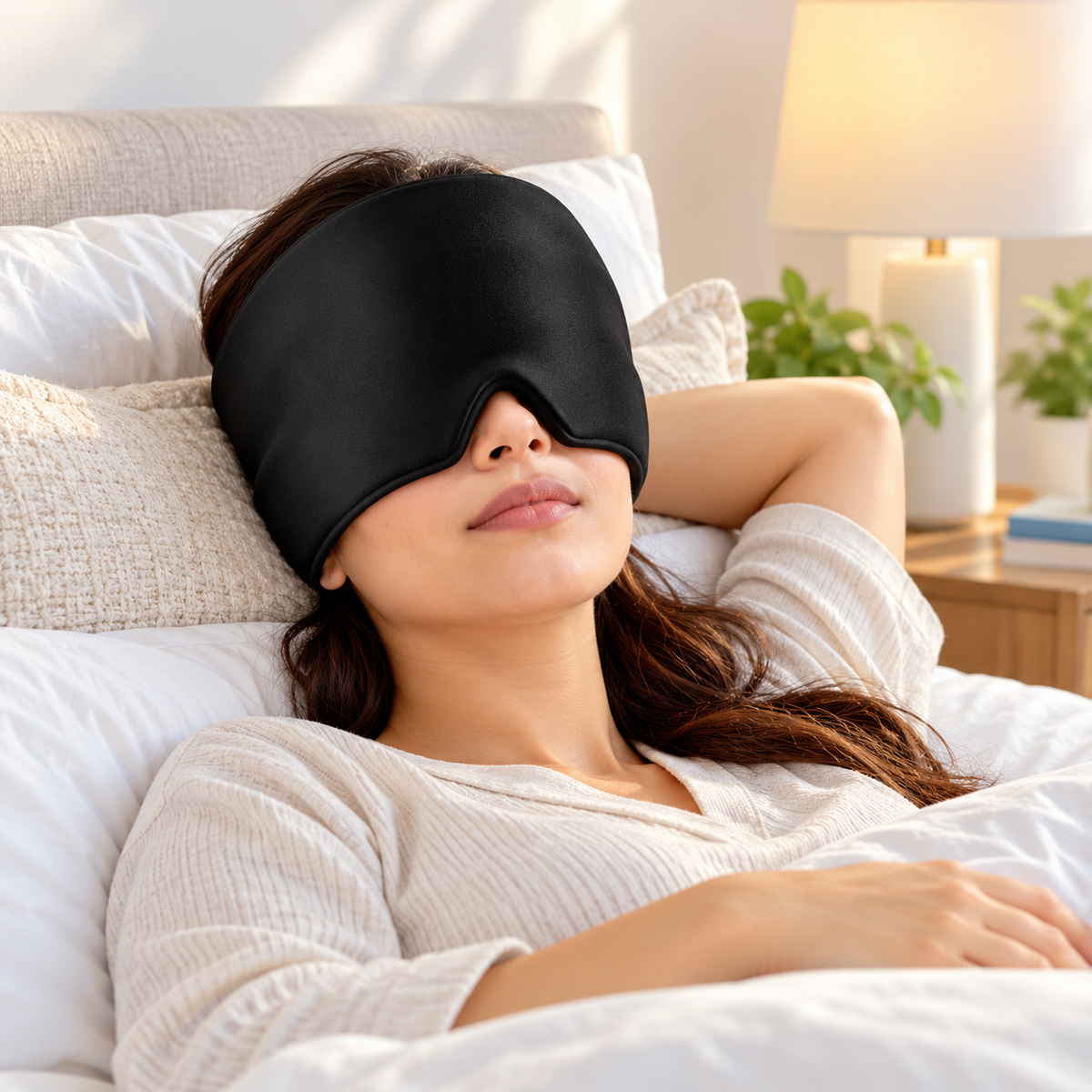 Migraine relief cap shown in a calm bedroom scene