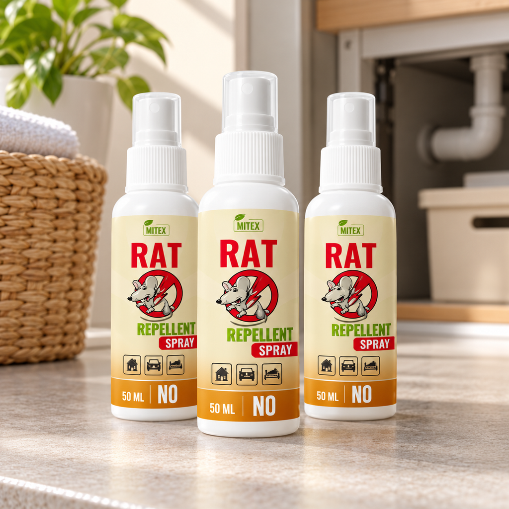 Three white rat repellent spray bottles on a clean home counter